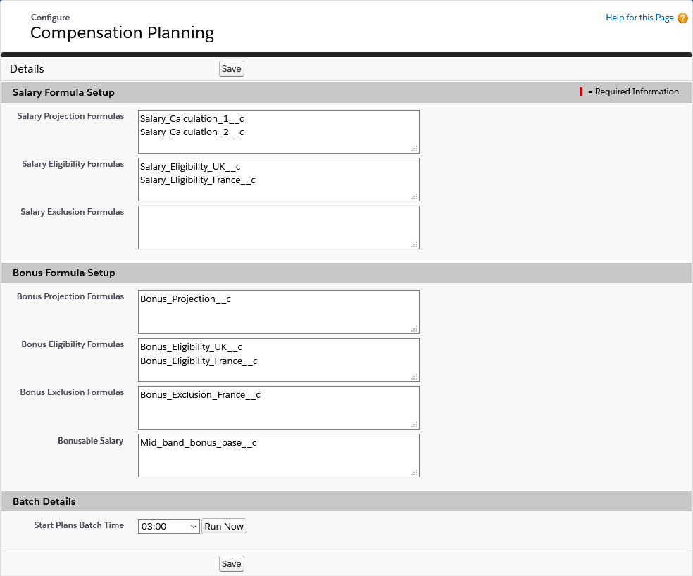 Screenshot: Compensation Planning Configuration page with formula field names entered